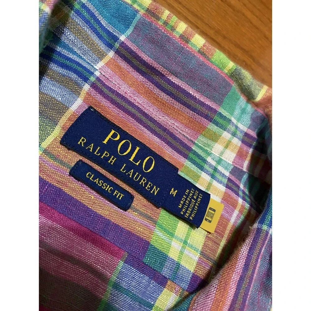 Polo Ralph Lauren Men's Long Sleeve Shirt Blue Pink Medium 100% Linen Plaid